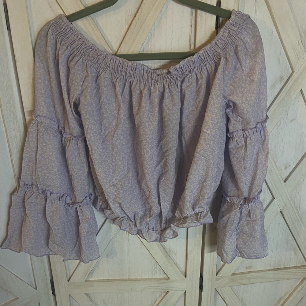 Women Purple Flower off the shoulder bell sleeve top_Large - Picture 4 of 12